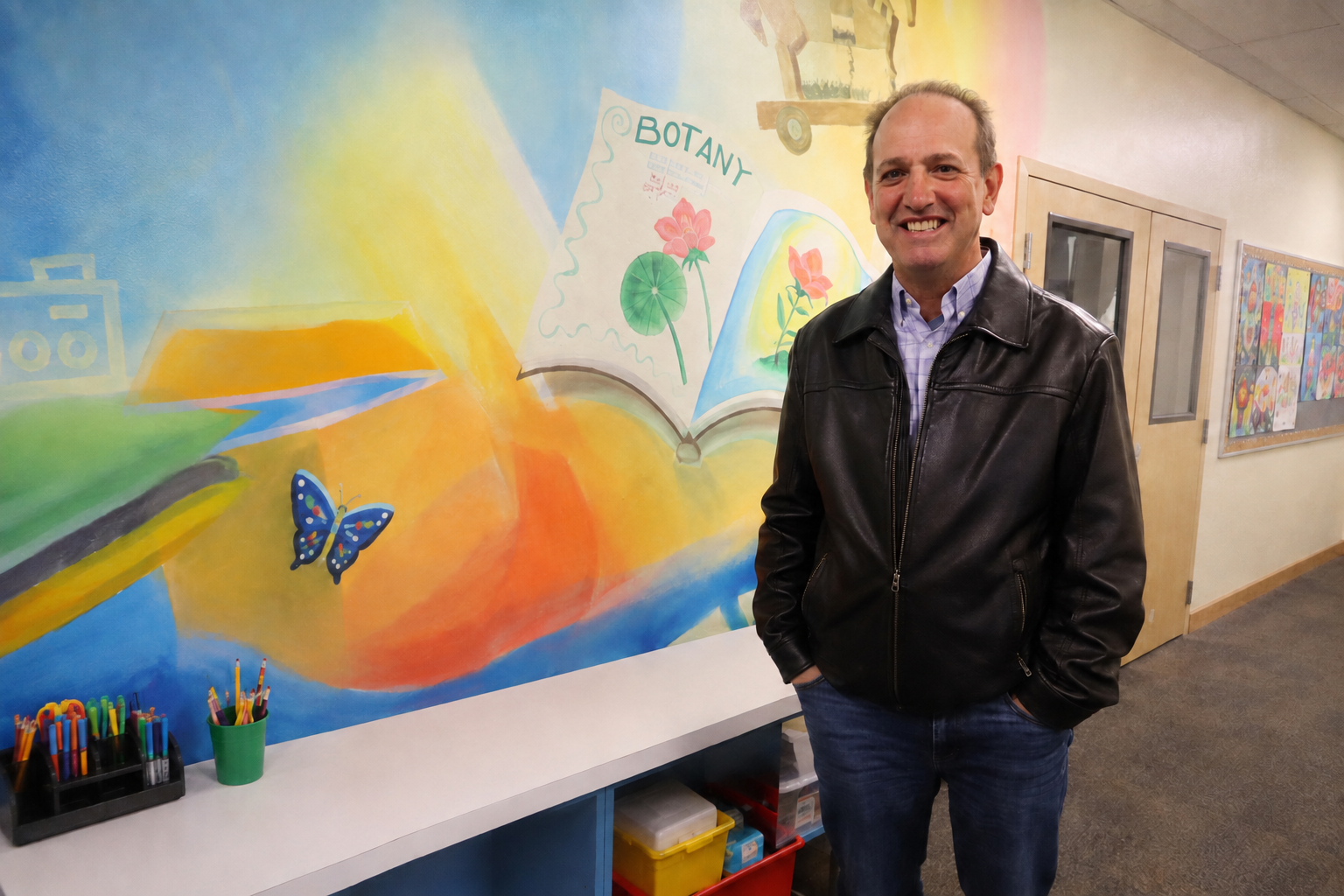 Geoffrey Surbeck standing in front of a colorful school mural